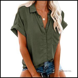 Short Sleeve Linen Style Cotton Button Down Shirt with Pocket